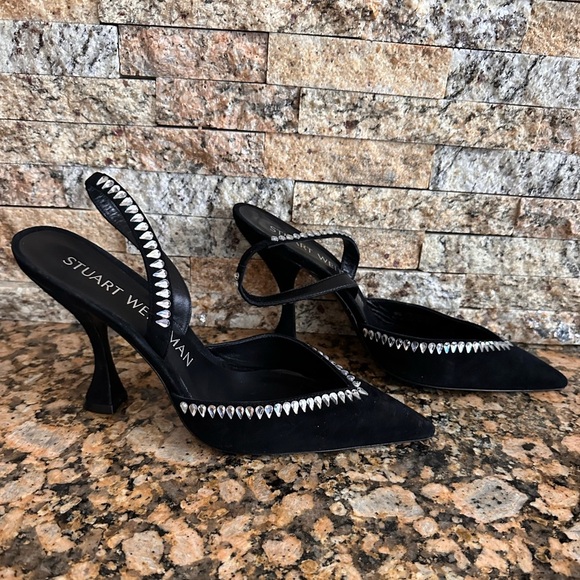 Stuart Weitzman Gemcut Xcurve 100 Slingback Pumps Women's 9.5B Black Pointed Toe - Picture 3 of 15